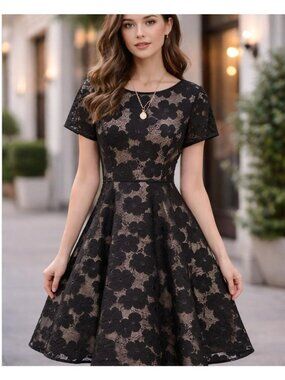 Shani Novelty Applique Dress in Black Daisy Lace Over Nude  Fit and Flare Retro